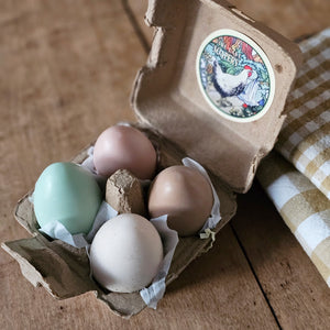 Looking like they just hatched, these adorable Chicken Egg Soaps are perfect for any occasion. Each set comes with four pastel colored "eggs" packaged in a mini egg carton, for a farm fresh appearance. Give the gift of clean and playful fun with these unique Chicken Egg Soaps. Made in the USA. Carton is 4"L x 4"W x 3"H, Each soap is the size of an actual chicken egg.