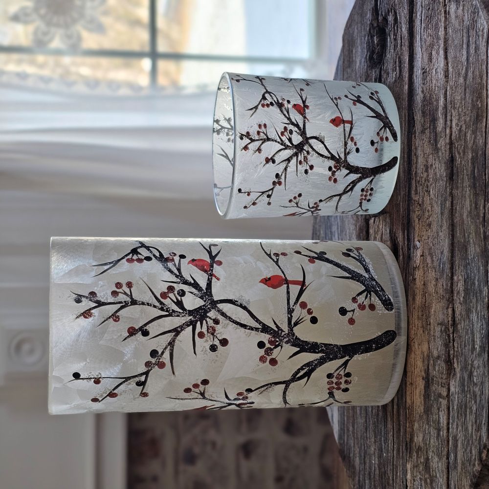 Frosted Glass Winter Cardinal Candle Hurricane Set