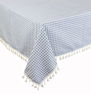 Add country charm to any occasion with our French Blue Gingham Tablecloth with Tassel Trim. This light blue gingham tablecloth has a casual cottage feel and is perfect for indoor or outdoor dining. Cotton and Polyester Blend. Machine wash. 55" x 70"
