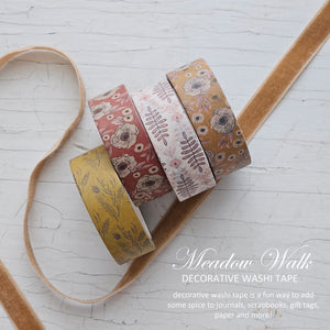 Our decorative washi tape is a fun way to add some spice to journals, scrapbooks, gift tags, paper and more! The Meadow Walk Washi Tape set includes four decorative tapes. Washi tape is a multipurpose masking tape that lends a decorative touch to just about anything. Set of four. Each is .59" x 393"L  Made in the USA