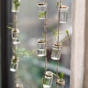   You’re going to fall in love with these Hanging Mini Glass Bottle Vases! This set of hanging glass bottles, features three separate 55" ropes, each tied with nine glass bottles. They add rustic style and a unique touch to your home. Use the three together to create a magical display. Set of three.  Each bottle 0.6" D X 1.5" H; String 55" L; 9 glass bottles per string