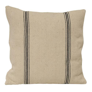 This double-sided pillow case features a vintage, distressed style with ticking style black stripes on each side. The Black Stripe Grain Sack Pillow Case has the look of well-worn feed sack material. Its warm oatmeal color and black stripes give it French Country farmhouse charm. Zippered edge for easy removal. Machine Wash. 16” Square Please note: This is just a pillow case and the insert form is not included.