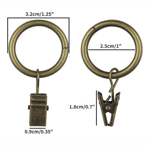 These Curtain Ring Clips are perfect for creating an instant vintage look with any fabric. Made of heavy-duty metal with an antiqued brass finish, the clips are anti-rust and don’t fade. They fit easily over curtain rods up to 5/8 inch and provide smooth sliding when it comes time to open or close your drapes. Each clip holds up to 3 pounds. The rings are 1 inch in diameter and compatible with up to 5/8 inch drapery rod and tension rods. Set of 10