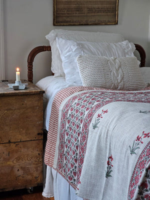 Red Ticking Stripe Quilt and Cottage Style Throw, Nordic Christmas Style