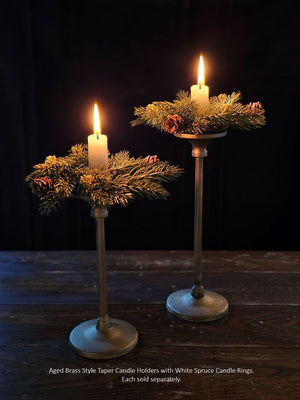 Aged Brass Style Taper Candle Holder with Drip Cup Edge, Set of Two with White Spruce Candle Ring