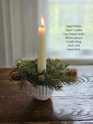 White Spruce Candle Ring with Aged White taper Candle Cup, Christmas Decor, Winter Evergreen Decor, Pine Cone and Evergreens, Christmas Candle Ring, Cabin decor