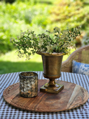Aged Bronze Gold Metal Urn Vase with Mercury Glass Mosaic Candle Holder and Wood Bread Board
