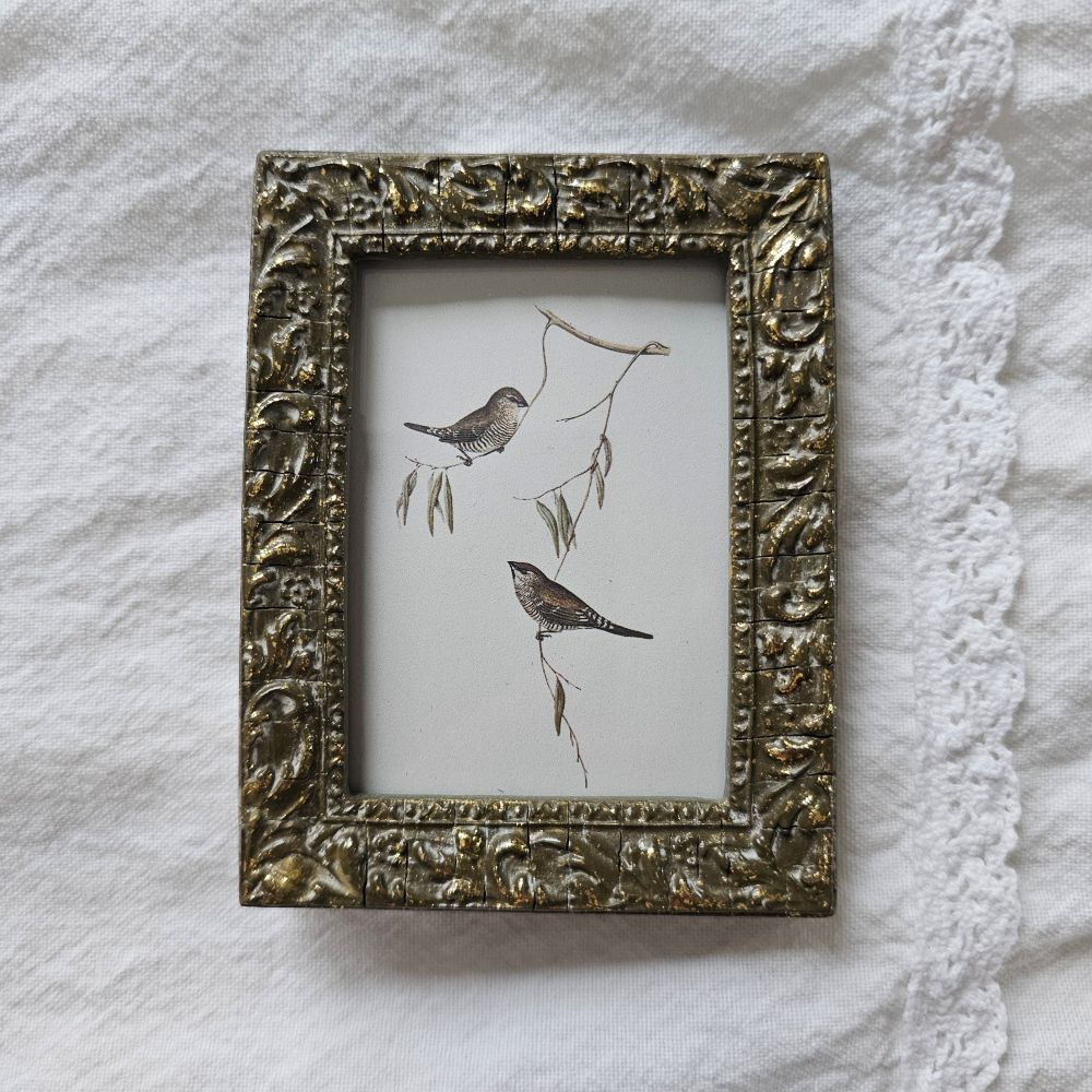 Aged Vintage Style Gold Frame with Bird Print