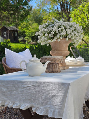 Add a romantic cottage touch with our Antique White Keepsake Teapot with Pierced Lace Trim. Made of fine porcelain, with delicate cut details along the rim, this teapot brings a dreamy elegance to any occasion. The antique white glaze fits well with creamware collections. 