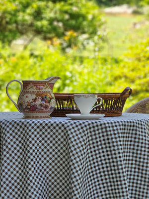Brown and White Gingham Check Tablecloth with Ruffled Edge