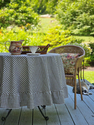 Brown and White Gingham Check Tablecloth with Ruffled Edge