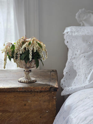 Distressed Mercury Glass Compote with White Eyelet Lace Pillowcase 