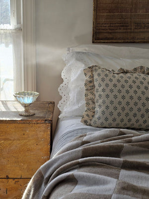 Distressed Mercury Glass Style Pedestal Bowl with Cottage Rose Blue Block Print Pillow, White Eyelet Pillow Case and Knit Check Throw