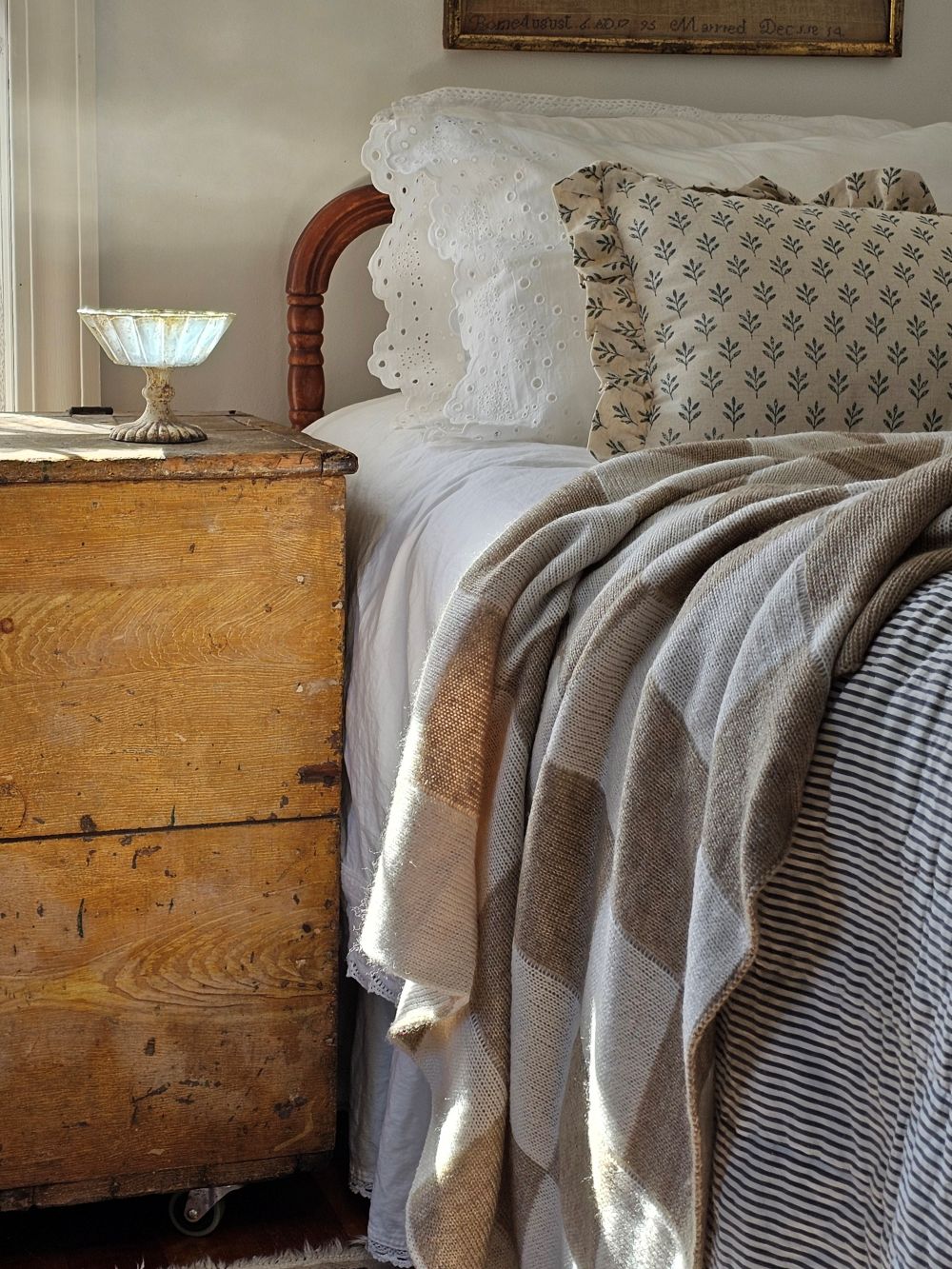 Distressed Mercury Glass Style Pedestal Bowl with Cottage Rose Blue Block Print Pillow, White Eyelet Pillow Case and Knit Check Throw