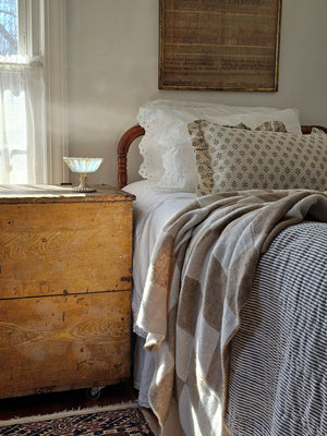 Distressed Mercury Glass Style Pedestal Bowl with Cottage Rose Blue Block Print Pillow, White Eyelet Pillow Case and Knit Check Throw