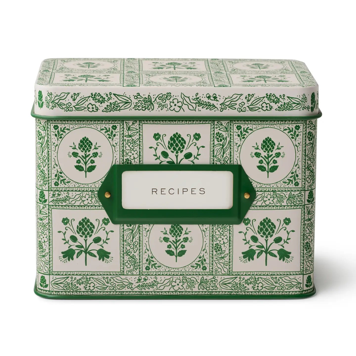 Keep treasured family recipes close at hand with the Artichoke Recipe Box. This vintage style tin recipe box brings cottage charm to your kitchen with its retro green artichoke design set against a creamy ivory background. It includes 24 beautifully illustrated recipe cards and coordinating recipe dividers. It holds up to 200 recipe cards. 6.5"L x 4.6'W x 5"H