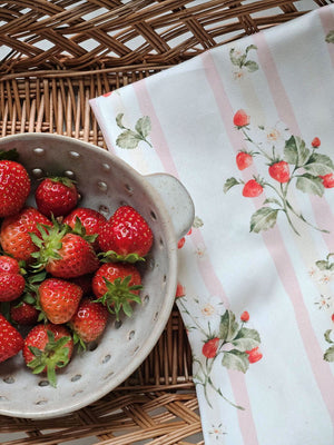 Bespoke Strawberries and Stripes Tea Towel with Rustic Colander Berry Bowl