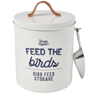 The Bird Food Storage Bin offers a touch of style to your home and garden while providing a practical solution for feeding your feathered friends. Its seamless steel construction and tough powder coating ensure durability, while the leather handle and on-trend typography add a unique design flair. Complete with a seed scoop and hanging hook for convenience. The vintage enamelware style makes a great addition to any potting shed, mudroom or any place you store your bird vittles.