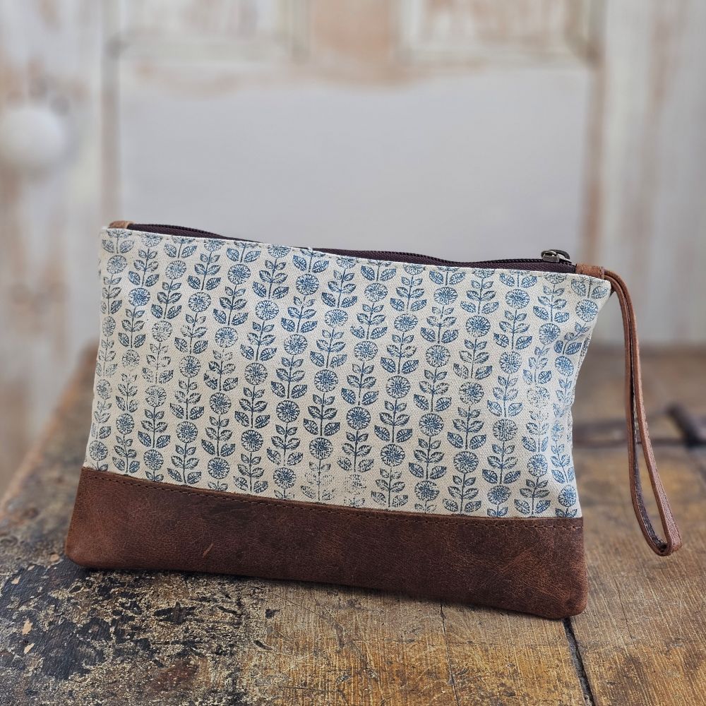 Blue Floral Block Print and Leather Pouch