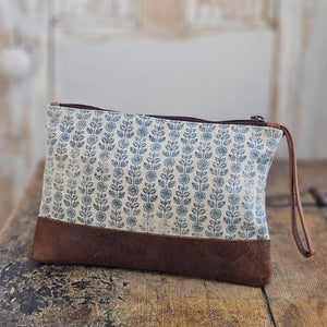 Blue Floral Block Print and Leather Pouch