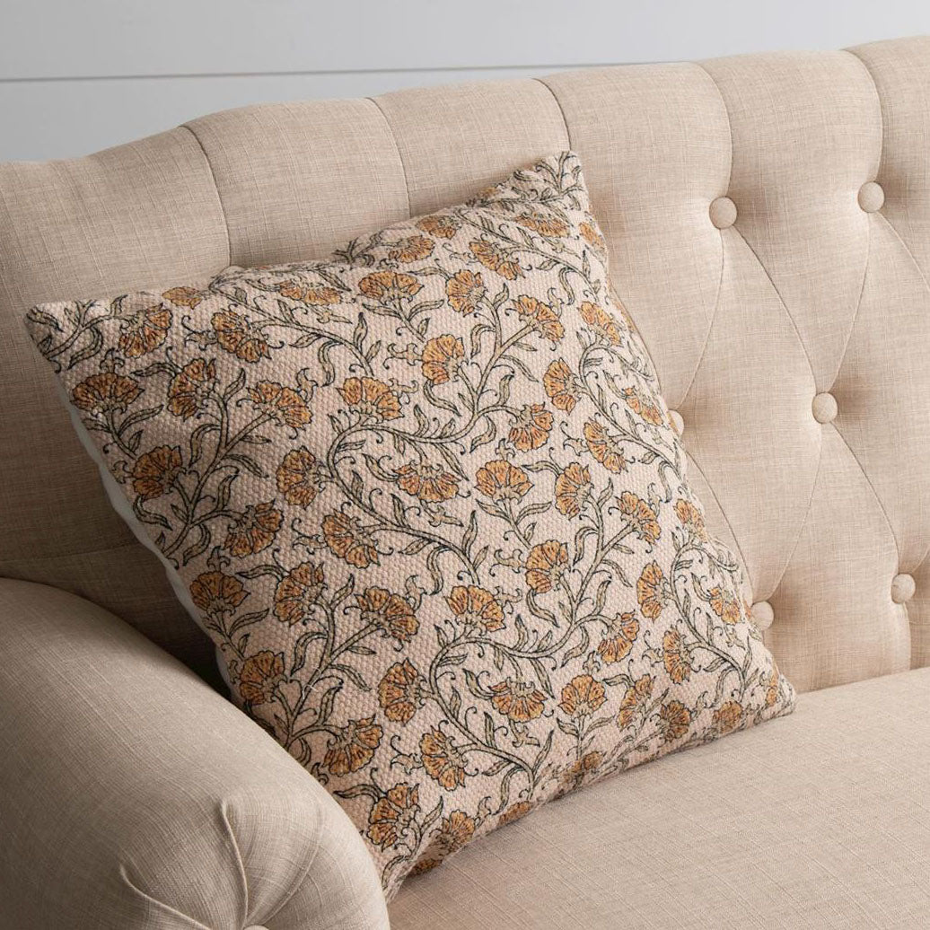 Add sweet, vintage cottage charm to any room with this Block Print Pillow with Mustard Flowers. Features a floral pattern design om a flax linen colored background. Includes a zippered closure on the backside. Made of Cotton and Polyester insert included. 18" x 18"