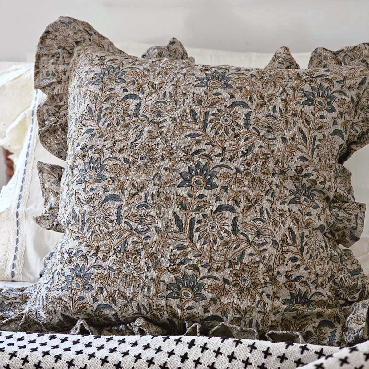 The Rustic Linen Block Print and Ruffles Pillow Cover brings texture and comfort together for sophisticated, old-world style. Made from breathable, high-quality linen with a rustic texture and natural feel that pairs beautifully with both modern and rustic interiors.

Every cover is carefully printed by hand, giving each piece its own subtle character and artisan detail.