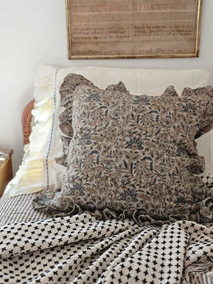 The Rustic Linen Block Print and Ruffles Pillow Cover brings texture and comfort together for sophisticated, old-world style. Made from breathable, high-quality linen with a rustic texture and natural feel that pairs beautifully with both modern and rustic interiors.

Every cover is carefully printed by hand, giving each piece its own subtle character and artisan detail.