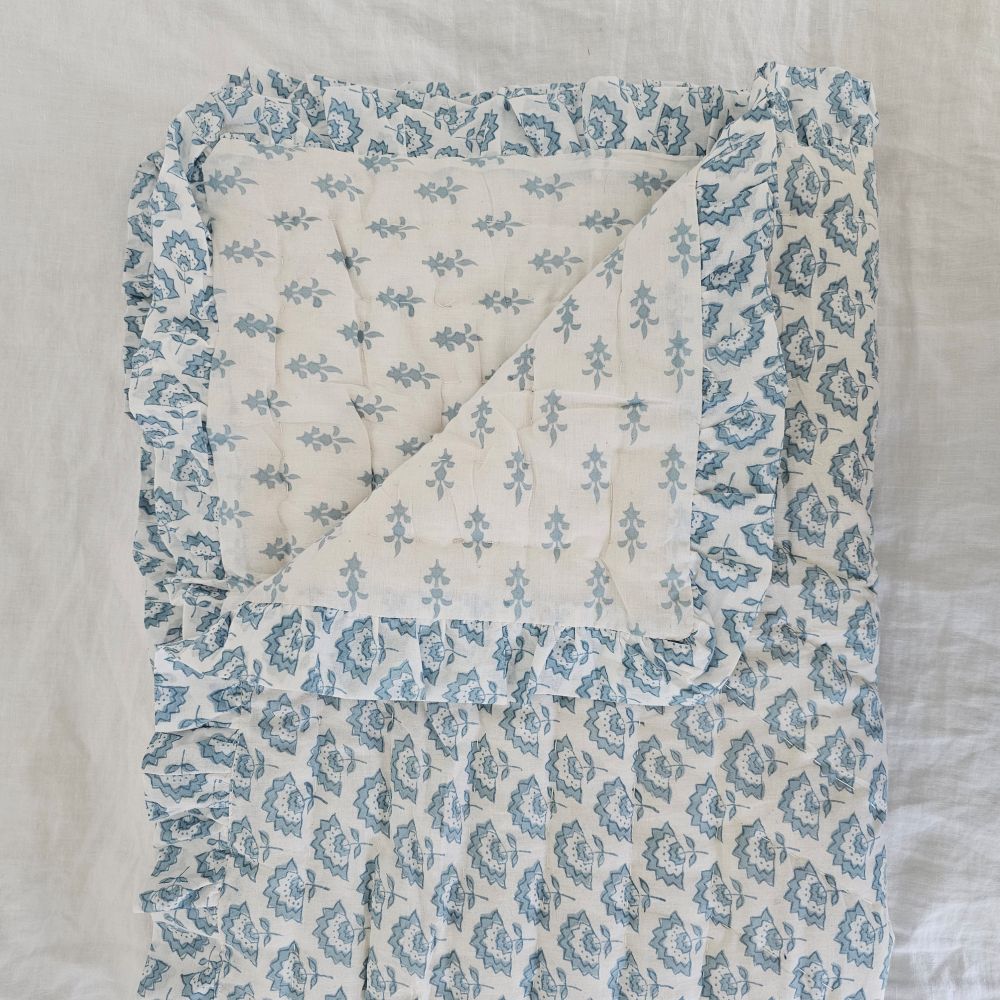 Add a cheerful touch of sweet cottage style to your guest room or reading nook with this Block Print and Ruffles Double-Sided Throw Blanket. Each side has a different block print design in a soft hue that creates a tranquil feel. Finished with a ruffled edge, this cozy quilted throw is crafted of 100-percent cotton and is machine washable for easy care. 40”W x 60”H