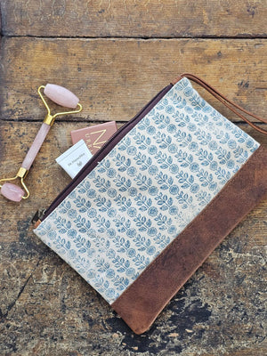 Blue Floral Block Print and Leather Pouch