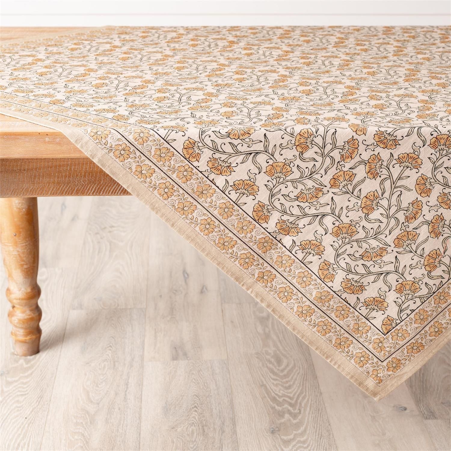 Block Print Mustard Flowers Tablecloth