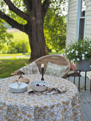 Block Print Mustard Flowers Tablecloth and Napkin Collection