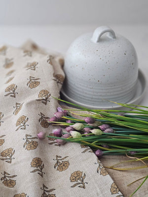 French Butter Dish with Dome with Block Print Towel