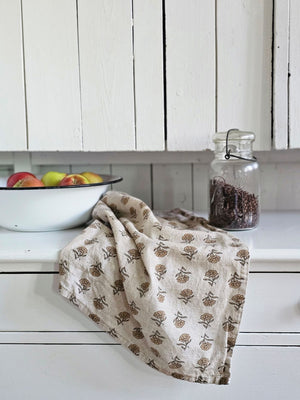 Block Print Mustard Flowers Tea Towel 