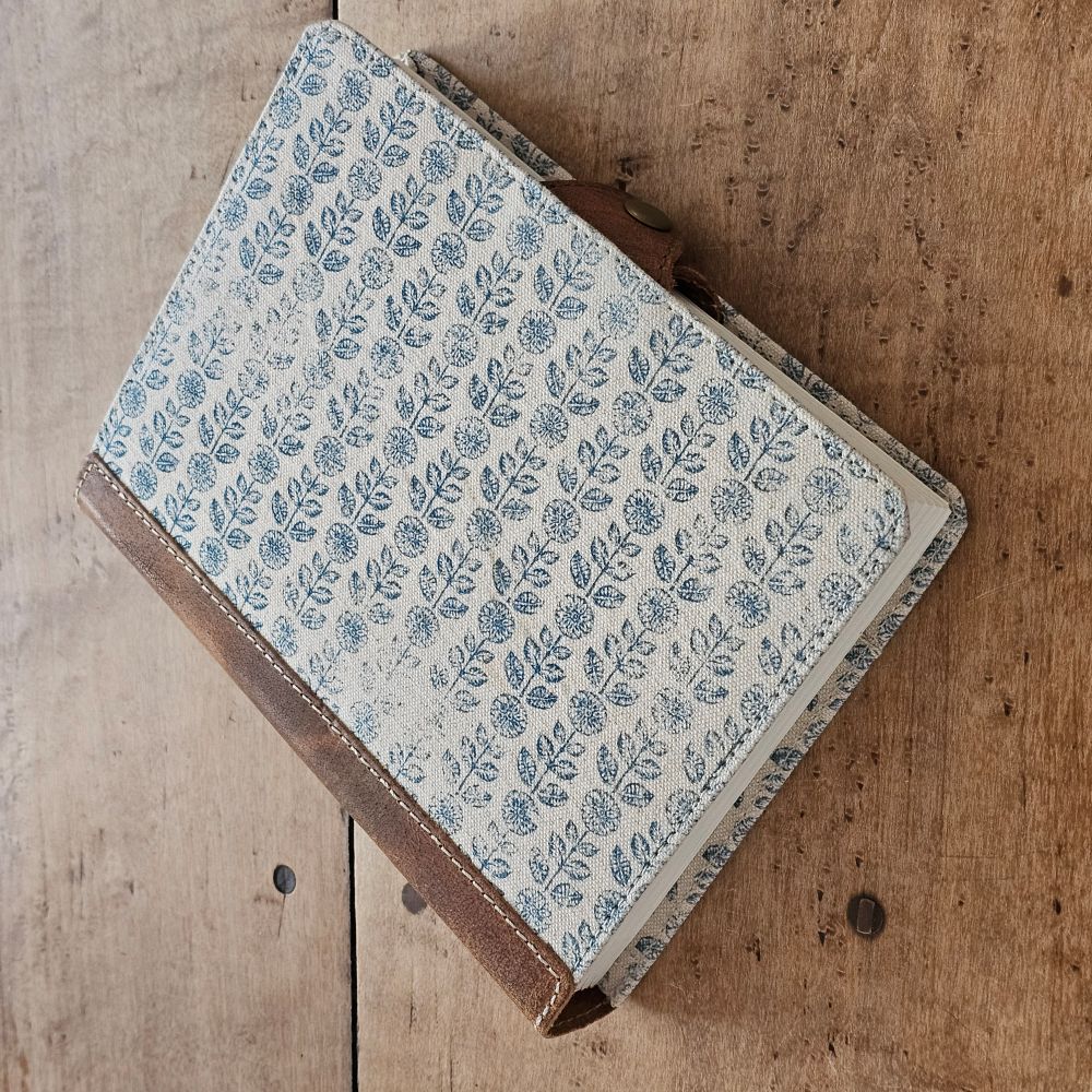 Blue Floral Block Print and Leather Journal