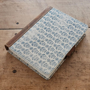 Blue Floral Block Print and Leather Journal