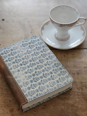 Blue Floral Block Print and Leather Journal
