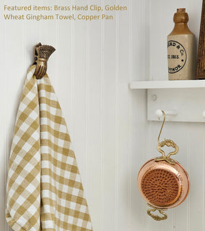 Brass Hand Clip with Gingham Towel and Copper Pan for English Kitchen style