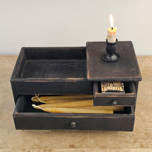 Our Primitive Desktop Storage with Drawers is perfect for candles, soaps, pens, and pencils. It is a versatile piece for farmhouse organization. Use on the kitchen counter to create a mini coffee bar, storing k-cups while keeping sugar and other essentials on the top tray. Add to a vintage farmhouse bath to stash away soaps. Keep taper candles and wood matches at the ready (our Fox and Hare Matches fit perfectly). It makes a great storage box for craft or office supplies, jewelry and more. This sturdy wood 