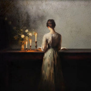 The Candlelight Reading Art Print is a vintage, moody print depicting a quiet moment of a woman reading with soft candlelight glowing at her side. Print paper size: 7 x 5. Frame not included.