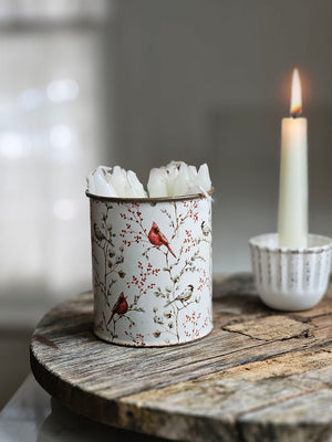 Cardinal and Berries Tin Pot with White Candle Cup