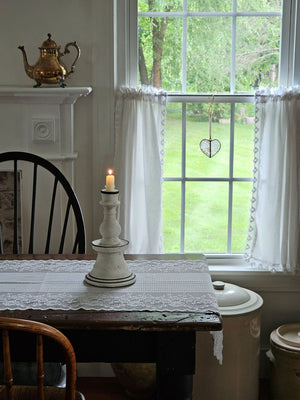 Chalky White Terracotta Taper Candlestick with Old World Lace Runner