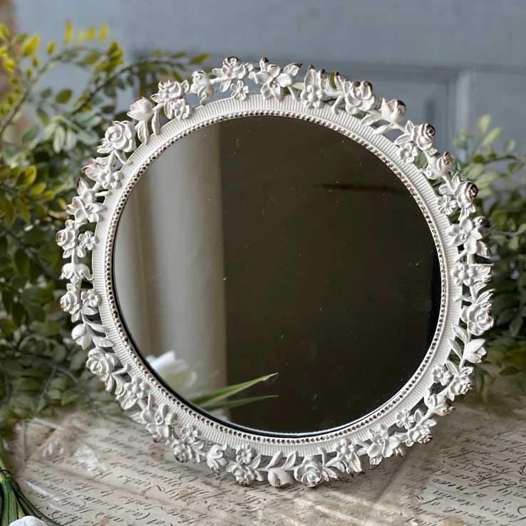 Chippy White Floral Detail Mirror - Farmhouse Wares