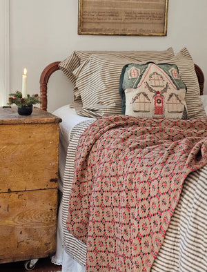 Christmas Cottage Pillow, Welsh Inspired Throw, Charcoal Ticking Pillowcases and Quilt
