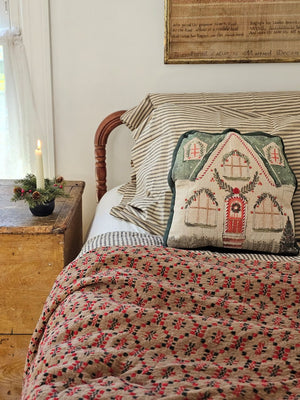 Christmas Cottage Pillow, Welsh Inspired Throw, Charcoal Ticking Pillowcases and Quilt