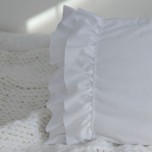 Our Cloud White Double Ruffle Pillowcase Set brings shabby chic and vintage style together to create a dreamy white cottage bedroom. This ultra soft pillowcase set features two layers of snow-white ruffled edges on each ends.

Made of high quality brushed microfiber material, these pillowcases offer you unparalleled softness and comfort. Breathable and skin-friendly, the combination of the unique design, lasting durability and softness will help you sleep well all night.

Machine washable
