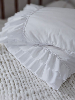 Our Cloud White Double Ruffle Pillowcase Set brings shabby chic and vintage style together to create a dreamy white cottage bedroom. This ultra soft pillowcase set features two layers of snow-white ruffled edges on each ends.

Made of high quality brushed microfiber material, these pillowcases offer you unparalleled softness and comfort. Breathable and skin-friendly, the combination of the unique design, lasting durability and softness will help you sleep well all night.

Machine washable