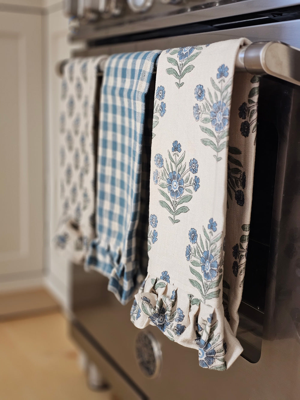 Cottage Blue Gingham and Block Print Tea Towel Set - Farmhouse Wares