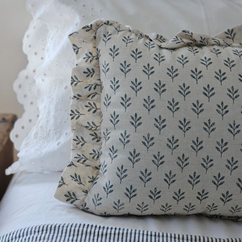 Cottage Rose Blue Block Print Pillow