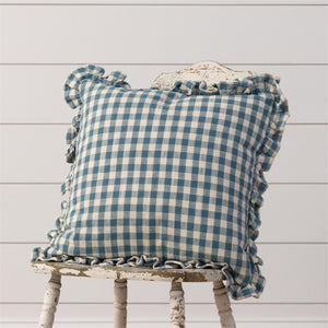 This Cottage Blue Gingham and Ruffles Pillow will bring a touch of English cottage style to any room. Featuring a classic country gingham pattern with sweet ruffled edges and an easy-to-remove zipper closure, it adds instant charm and sophistication. Spot clean only. 100% cotton cover with Polyester insert. 18" x 18"