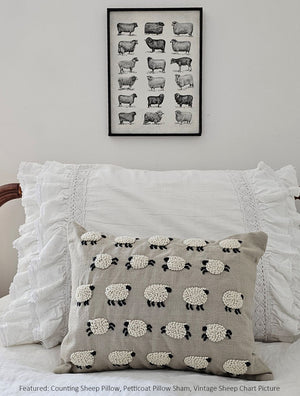 Our Counting Sheep Pillow adds a bit of whimsy and pure country style to your bedroom. This sweet accent pillow features embroidered sheep that look and feel like little woolen clouds against a warm grey background.&nbsp; 100% cotton. Insert included. Dry clean. 16"L x 12"H